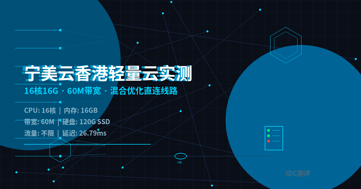 宁美云香港轻量云实测：16核16G+60M带宽建站值不值